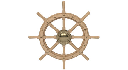 Obraz premium Isolated wooden ship wheel with handle, steering control for boat nautical decoration