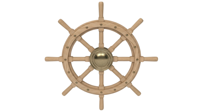 Isolated wooden ship wheel with handle, steering control for boat nautical decoration