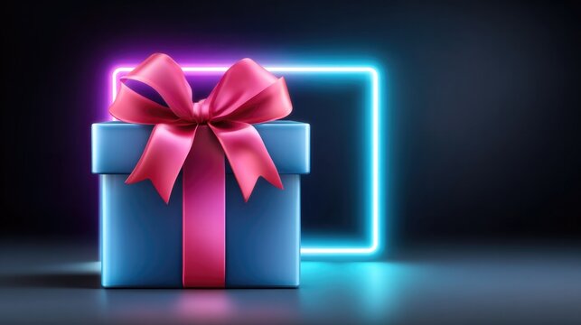 Neon gift box with glowing magenta ribbon against blue and black background - modern design for celebrations and events