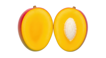 Isolated halved mango fruit, vibrant colors, showing yellow flesh and a large white seed inside