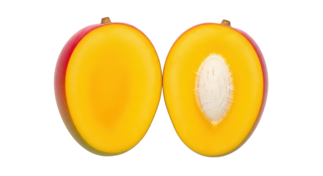 Isolated halved mango fruit, vibrant colors, showing yellow flesh and a large white seed inside