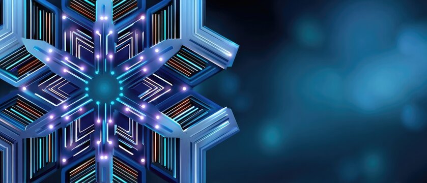 Futuristic circuit board snowflake with neon lights for modern winter design and creative tech inspiration