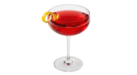 Isolated cocktail in coupe glass, vermouth based drink garnished with a lemon zest twist