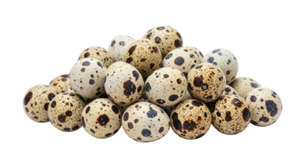 Isolated mound of speckled quail eggs, small delicate patterned whole raw food ingredient