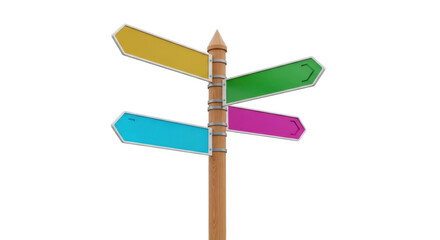 Isolated direction sign post showing multiple choice destinations with color plates symbol