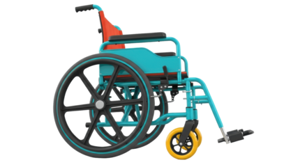 Isolated turquoise wheelchair with black wheels used for mobility assistance in daily life