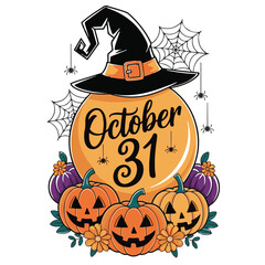 Halloween October 31 Art – Witch Hat, Pumpkins, Flowers & Spider Web Illustration
