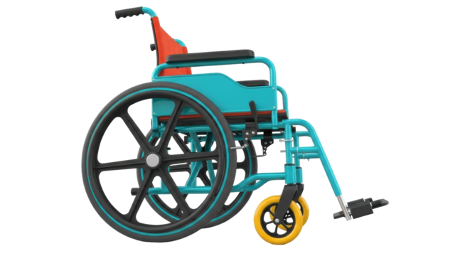 Isolated turquoise wheelchair with black wheels used for mobility assistance in daily life