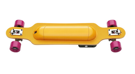 Isolated yellow electric skateboard with pink wheels for transportation, mobility and recreation