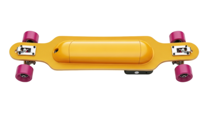 Isolated yellow electric skateboard with pink wheels for transportation, mobility and recreation