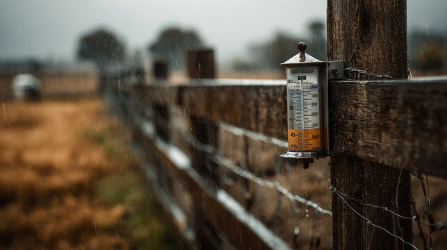 A rain gauge on a rural farm property collects precipitation data during a stormy day - Powered by Adobe