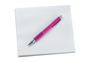 Isolated pink metal pen laying on graph paper notebook, office stationery supply item