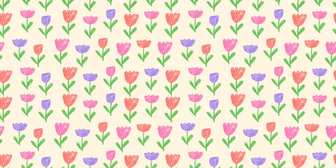 Seamless floral pattern with childish draw style, featuring tulips flowers motifs. Simple stems and colorful strokes flourish like chalk or wax crayon on board, hand-drawn in charcoal. Cute vector bg
