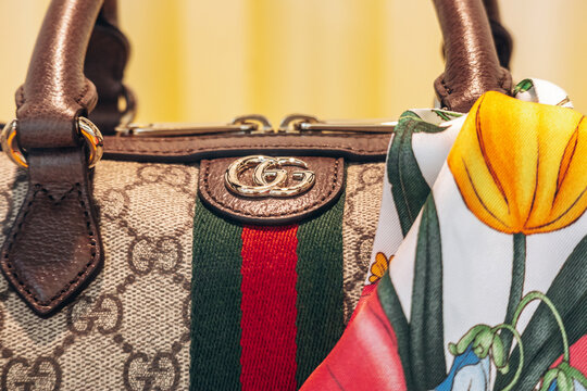 Monte Carlo, Monaco - June 28, 2025: Close-up of a Gucci handbag displayed at the Gucci boutique in Monte Carlo