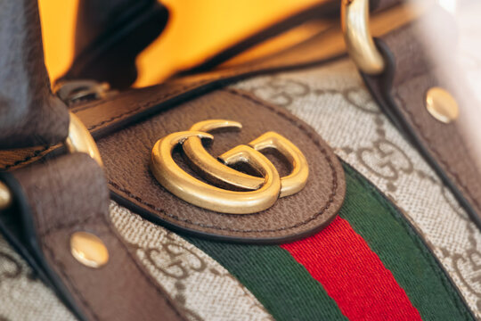 Monte Carlo, Monaco - June 28, 2025: Close-up of a Gucci handbag displayed at the Gucci boutique in Monte Carlo