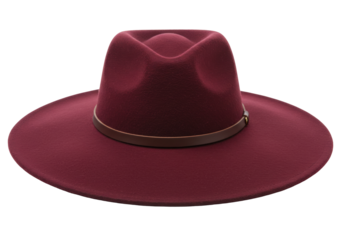 Isolated claret fedora hat with brown leather band for sun protection and dress-up prop