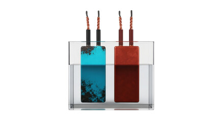 Isolated electrochemical cell featuring electrodes in solution ready for electrolysis procedure