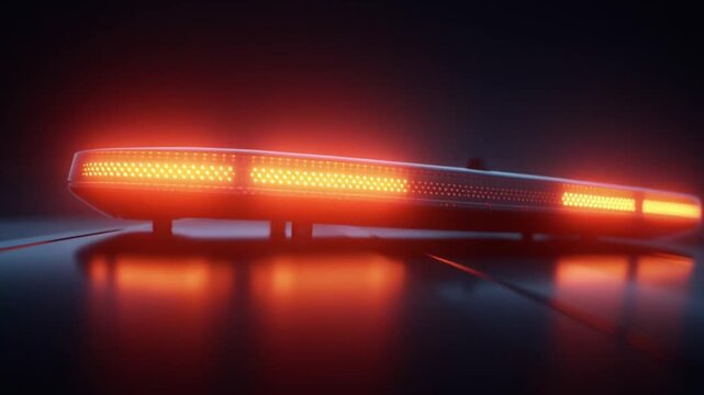 Emergency police vehicle roof light bar glowing red in sequence as camera pans slightly showing rhythmic flashing motion on dark background during night patrol