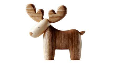 Cute wooden toy reindeer isolated on white background with a funny cartoon character look for Christmas fun
