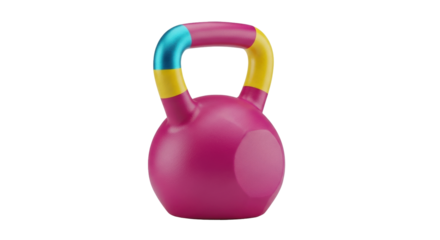 Isolated magenta kettlebell with blue and yellow handle, fitness, weightlifting item