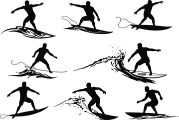 Surfer silhouette vector set with wave splashes, action poses, and ocean motion for beach, sport, summer, adventure, and water design