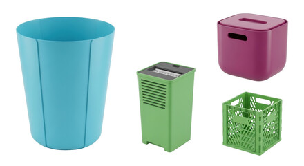 Isolated set of household objects against a bright backdrop, including plastic containers