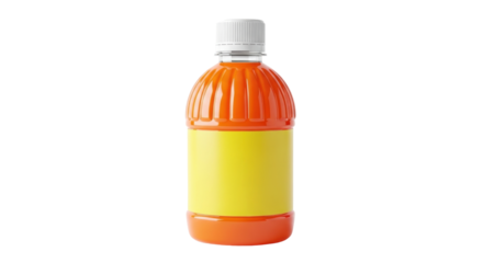 Isolated bottle of orange liquid with a yellow label and a white cap, in center frame