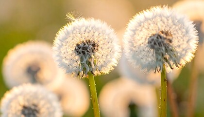 Close-up photo showcases delicate white dandelion seed heads illuminated by warm sunlight against a blurred background. Shallow depth of field