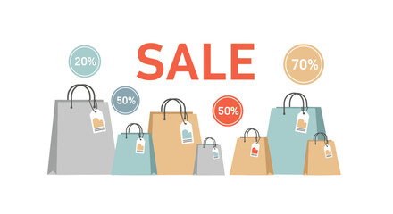 Vector Illustration of Shopping Bags, Tags, and Discount Sale Banner – Modern Flat Design for E Commerce and Marketing Promotion