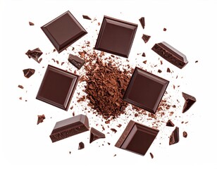Dark chocolate squares and crumbs levitate on white