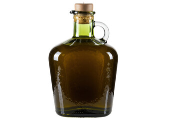 Isolated decanter of olive oil with cork stopper, made of green glass, close-up view