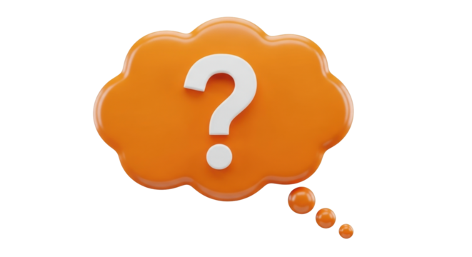 Isolated orange thinking bubble with white question mark and thought connection