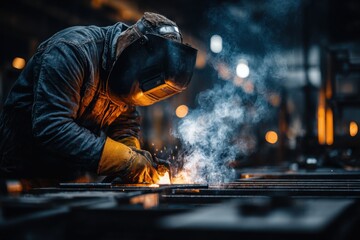 Industrial worker using an angle grinder on a metal surface, wearing protective gear as bright sparks fly in a factory setting.