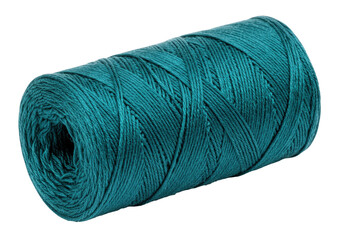 Isolated roll of vibrant teal thread for textile craft projects and yarn supplies
