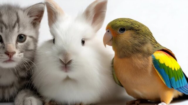 Cute kitten, fluffy bunny, and colorful parrot trio on white background