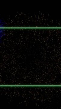 Animation of green rectangle frame over colourful christmas and new year fireworks in night sky