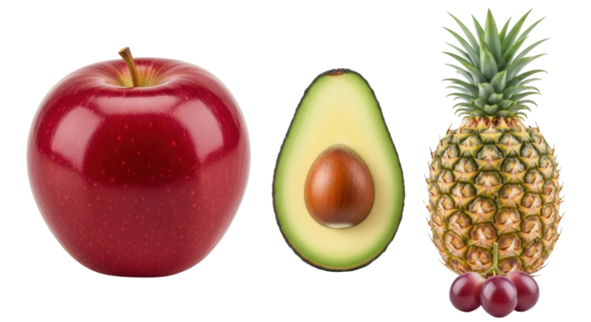 Isolated fruits still life featuring apple, avocado, pineapple, grapes, and vitamins
