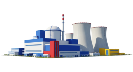 Isolated Nuclear Power Plant Illustration, Energy Production Concept, Reactor and Cooling Towers