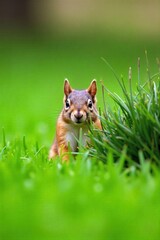 Naklejka premium Squirrel s bushy tail playfully peeking from behind a clump of grass. A vibrant, shallow depth of field photograph focusing on the fluffy, bushy tail of a squirrel peeking out from behind a lush clump