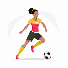 Obraz premium An athletic woman of color in a red and yellow uniform dribbling a soccer ball.