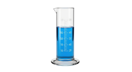 Isolated graduated cylinder of science glassware contains blue liquid at roughly 70 milliliters