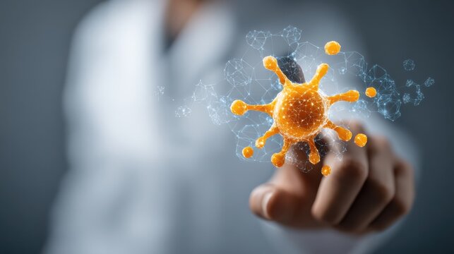 A person interacts with a digital 3D model of a virus, highlighting scientific visualization and advanced technology in virology and healthcare.