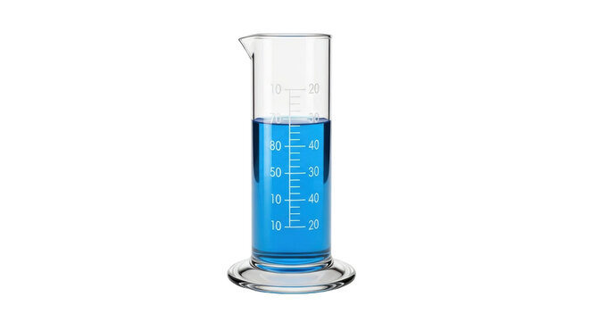 Isolated graduated cylinder of science glassware contains blue liquid at roughly 70 milliliters
