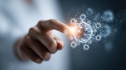 A hand is reaching out with an extended finger, touching a digital, glowing representation of a virus structure resembling COVID-19.