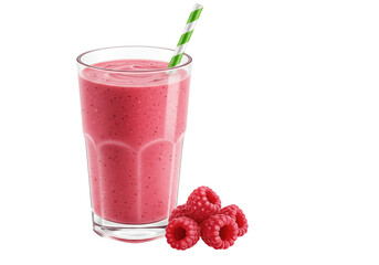 Isolated raspberry smoothie drink in glass with green and white striped straw, healthy food