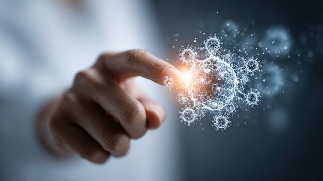 A hand is reaching out with an extended finger, touching a digital, glowing representation of a virus structure resembling COVID-19. - Powered by Adobe
