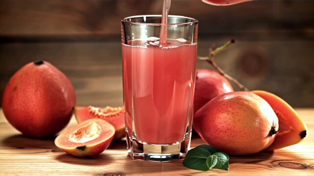 Fresh guava juice with ripe fruit on wooden table