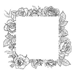 Flower frame made of roses, buds and leaves, black and white sketch. Vector illustration. Graceful garden flowers, isolated on a white background. For postcards, invitations and letters