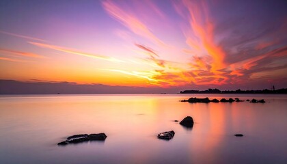 Naklejka premium Dramatic Fiery Sunset Over Calm Ocean With Silhouetted Cityscape And Sunken Debris Illuminated By Golden Hour Light