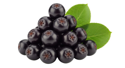 Isolated aronia chokeberries with two green leaves, healthy berries, seasonal fruit, raw ingredient